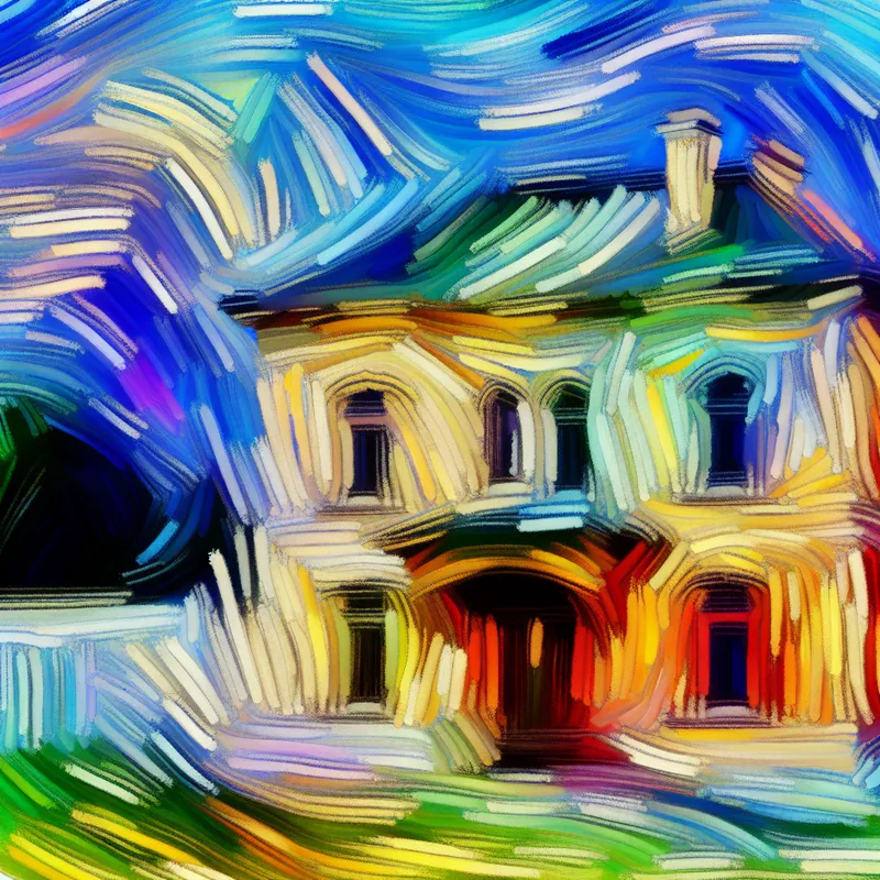 Abstracte voorstelling van de buitenkant van een huis met vlezige borstelstreken in levendige kleuren