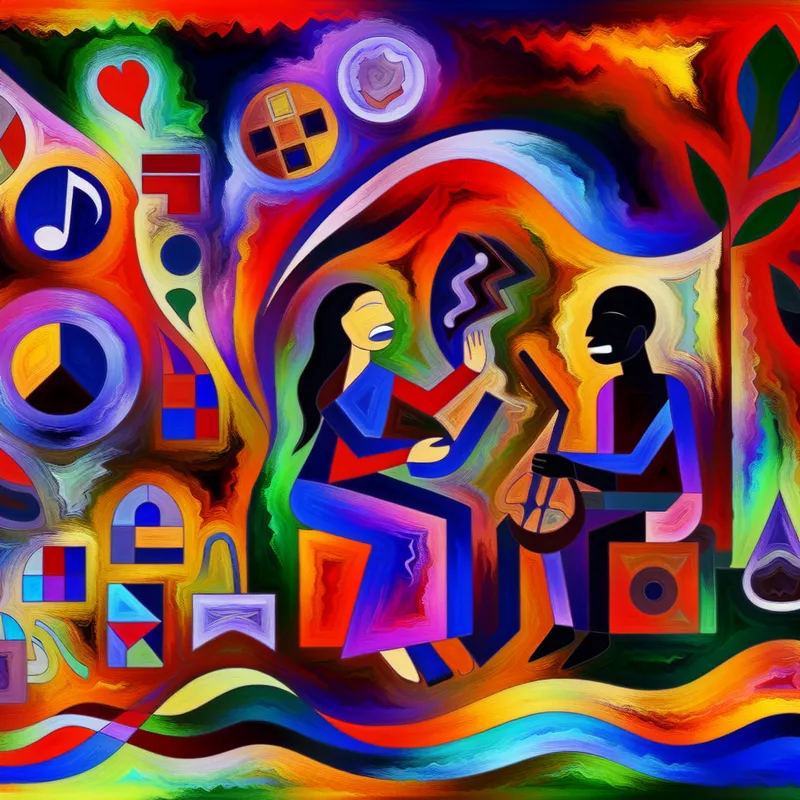 Abstract expressionist kunstwerk dat culturele heritage uitbeeldt met levendige kleuren en symbolen.