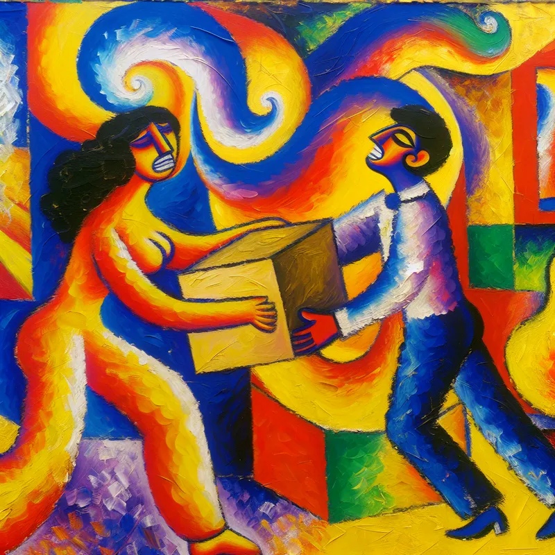 Twee figuren in een kleurrijke, abstracte schilderkunst van Karel Appel die samen een grote doos tillen als teken van dankbaarheid en wederkerigheid