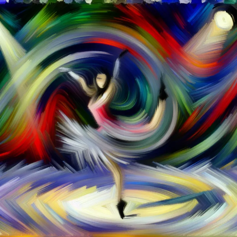 Abstracte expressie van een danser die een elegante draai maakt tijdens een optreden, met dynamische penseelstreken.