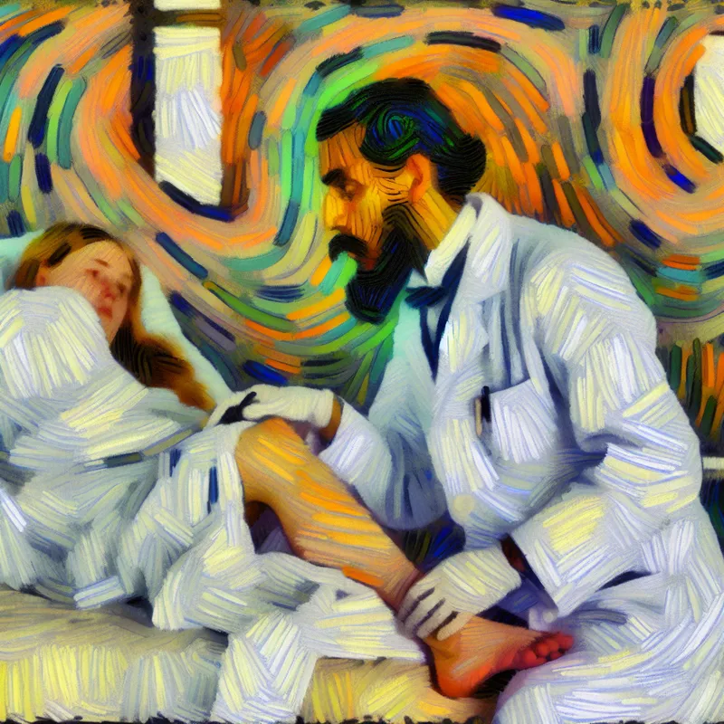 Abstracte voorstelling van een dokter die een patiëntenknie onderzoekt met expressieve penseelstreken en levendige kleuren