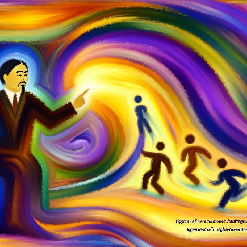 Abstract expressionistische schilderij van een leraar die richting geeft in een levendig klaslokaal met studenten als kleurige, abstracte vormen.