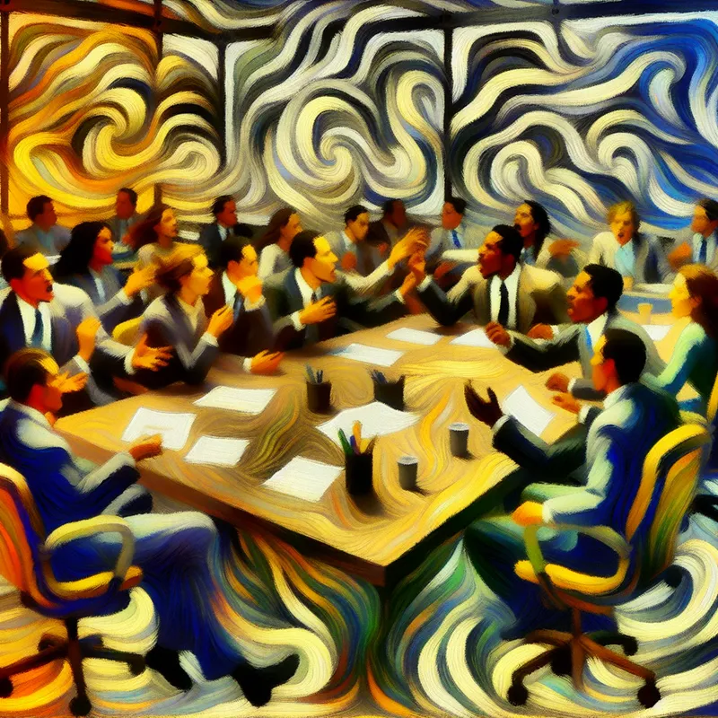 Abstract expressionist schilderij van een diverse groep mensen die fervent een regeling bespreken aan een grote tafel in een chaotische kantooromgeving.