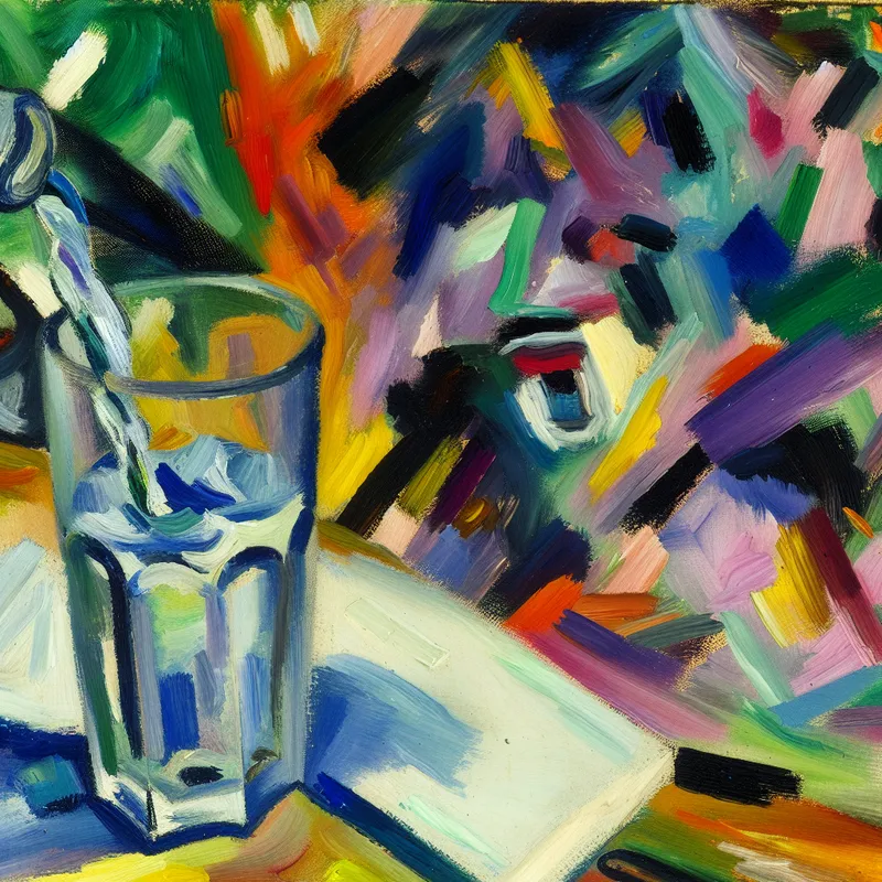 Een abstract expressionistisch schilderij van een halfgevulde glas water op een chaotische achtergrond van levendige kleuren en krachtige penseelstreken.
