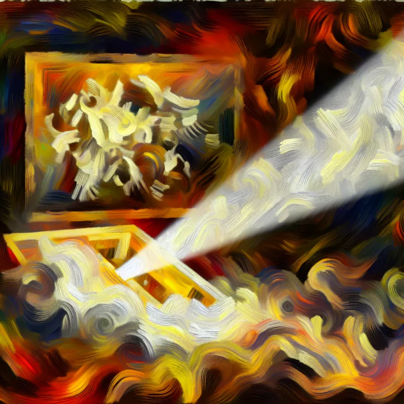 Abstract expressionistisch schilderij met een lichtstraal die een verborgen afbeelding onthult in een levendige setting.