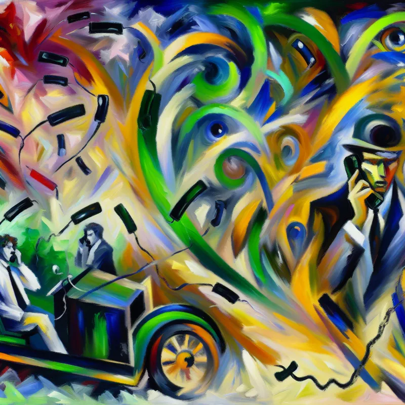 Abstract expressionist painting of a person receiving an unexpected phone call in a vibrant and chaotic environment, conveying surprise and spontaneity.