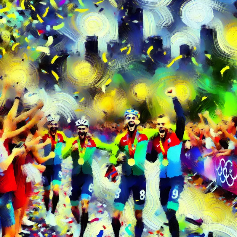 Abstract expressionistisch schilderij van atleten die feestelijk vieren na een overwinning met medailles in een chaotische, kleurrijke omgeving.