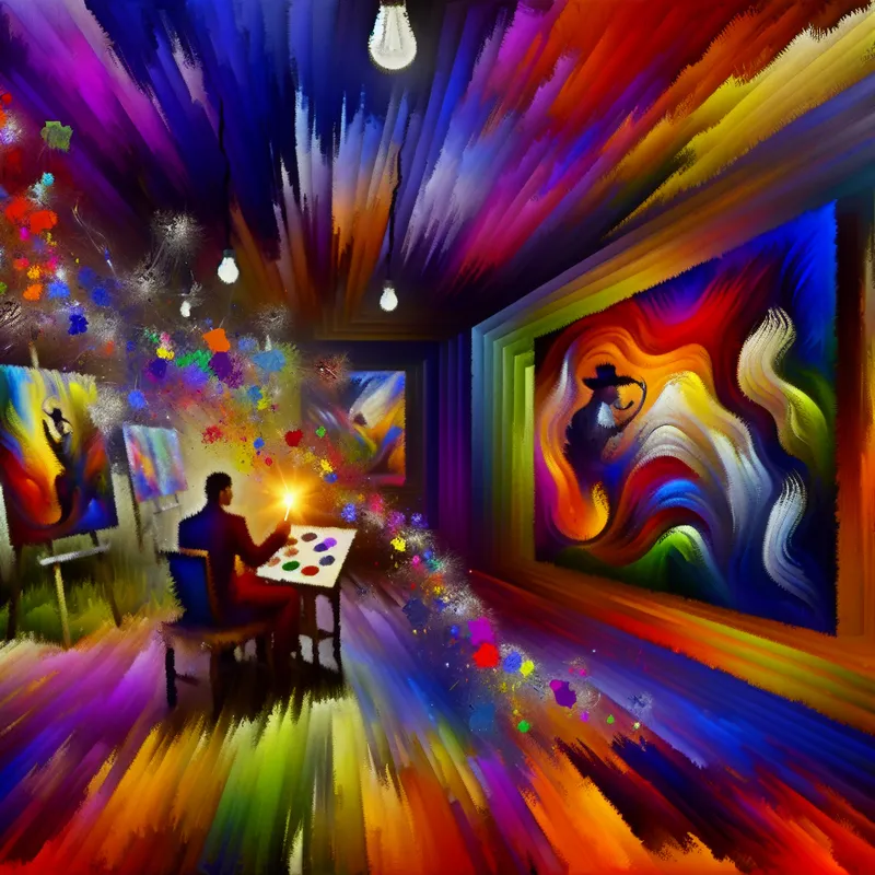 Abstract expressionistisch schilderij van een kunstenaar die de stijl van zijn mentor volgt, omringd door kleurrijke doeken en verfspatten.