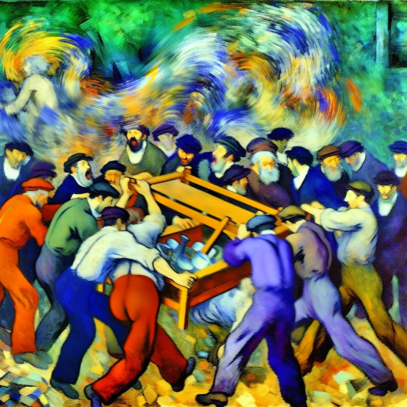 Abstract expressionistisch kunstwerk van een groep mensen die een zware tafel optilt met uitvergrote bewegingen en levendige kleuren.