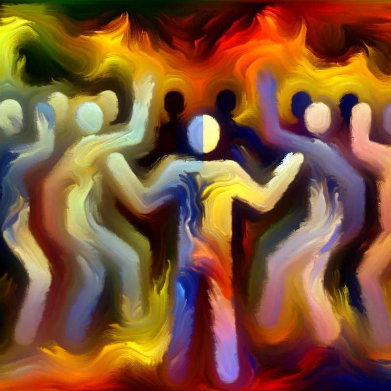 Abstract expressionistisch kunstwerk dat een verhitte discussie uitbeeldt met een centraal figuur in een agressieve houding, omringd door chaotische vormen en felle kleuren.