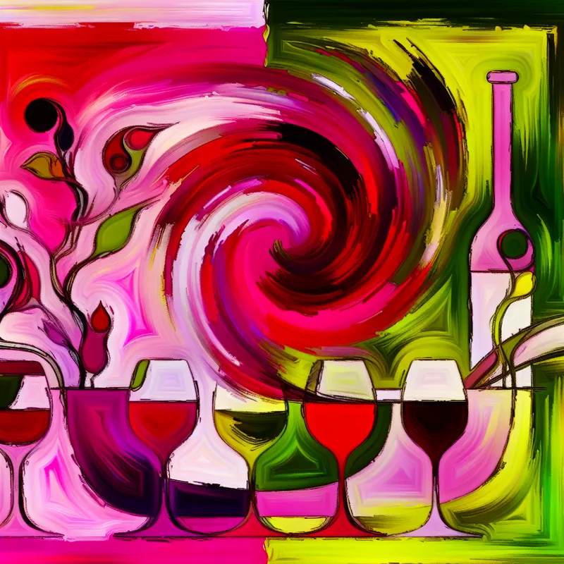 Abstract expressionistische schilderij van een wijnfles die in een glas wordt geschonken, met kleurrijke weergaven van rosé, rode wijn en witte wijn op de achtergrond.