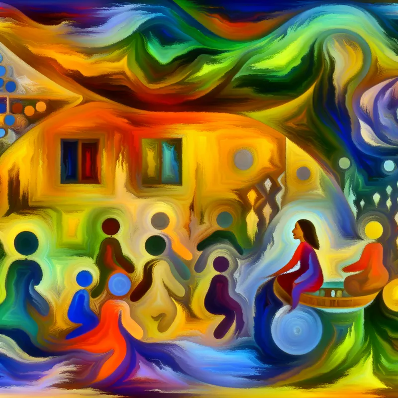 Een abstract expressionistisch schilderij van een jong kind dat speelt in een levendige en ondersteunende buurt, omringd door kleurrijke vormen en abstracte figuren die warmte uitstralen.