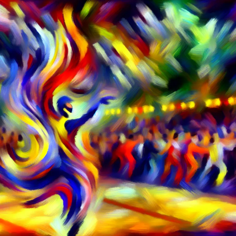 Abstract expressionistisch schilderij van een danser in een dynamische beweging tijdens een competitie, met levendige kleuren en krachtige penseelstreken.