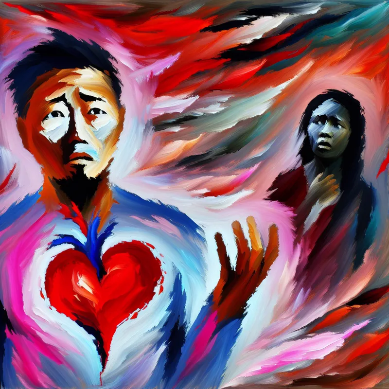 Abstract expressionistisch schilderij van een man die voor een vrouw staat en zijn hart toont, symboliserend zijn gevoelens van liefde en kwetsbaarheid.