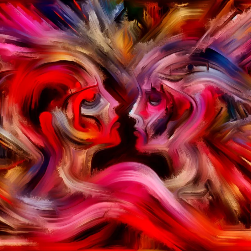 Abstract expressionistisch schilderij van twee verstrengelde figuren in warme kleuren, symboliserend een romantische liefdesband