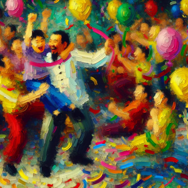 Abstract expressionist kunstwerk van een diverse familie die een verjaardag viert, met een man die een jongere man omhelst te midden van ballonnen.