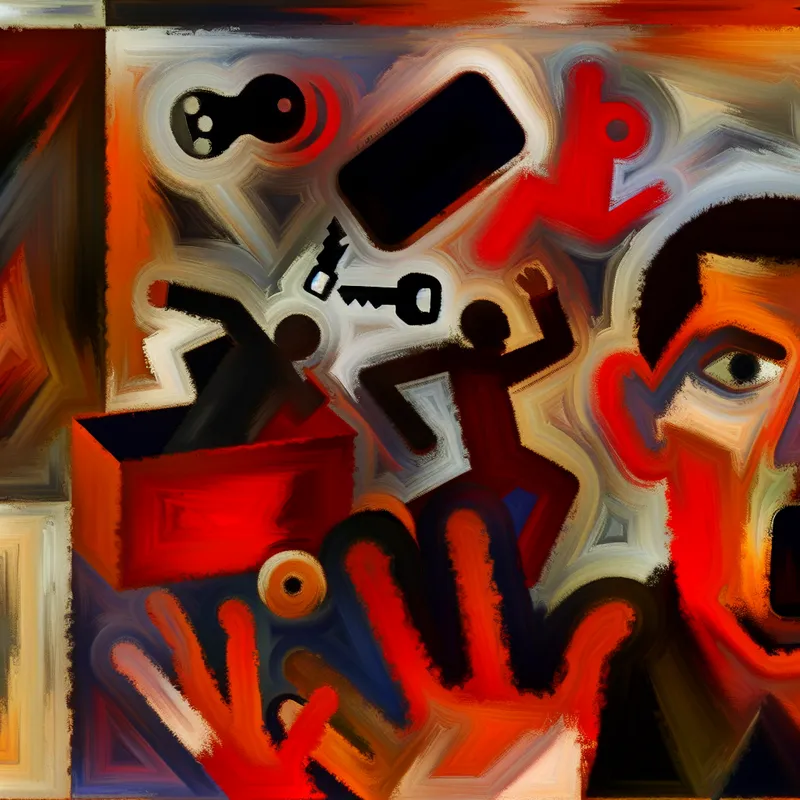 Abstract expressionistisch schilderij van frustratie met een persoon die zijn handen opgooit, omringd door abstracte vormen, zoals sleutels en een smartphone.