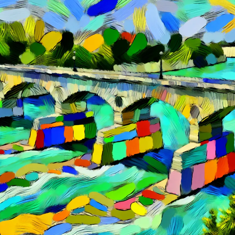 Abstracte illustratie van een stevige brug op kleurrijke betonnen fundamenten in expressieve stijl van Karel Appel