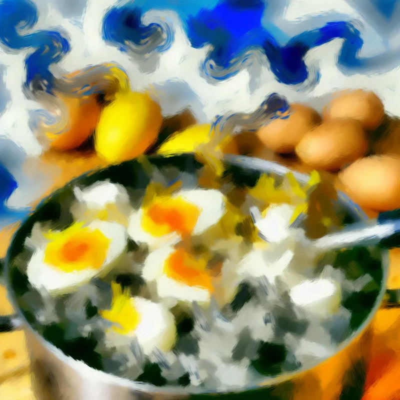 Abstract expressionistisch schilderij van een pan kokend water met eieren en aardappelen, gaar maken in levendige kleuren