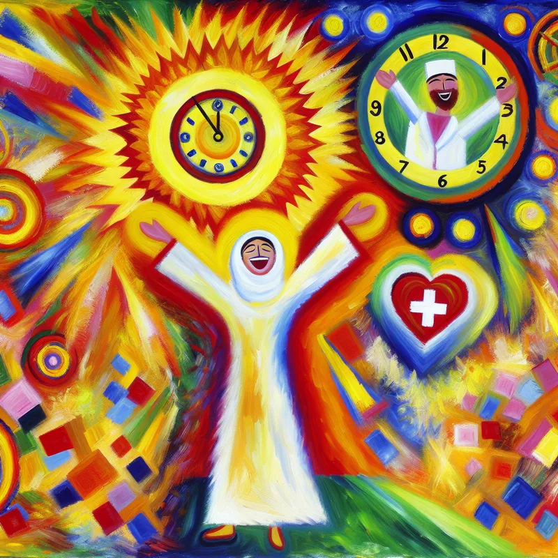 Abstract schilderij van een blije persoon onder een gouden zon met symbolen voor geluk, gezondheid en tijd, in expressieve stijl van Karel Appel