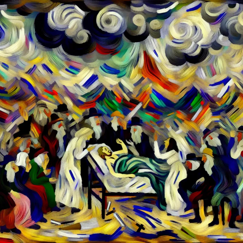 Abstracte voorstelling van een gerucht met kleurrijke figuren die wijzen naar een zieke persoon in bed, in de expressieve stijl van Karel Appel