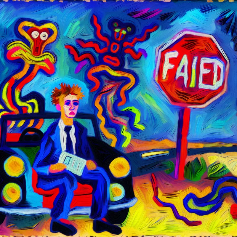 Abstracte voorstelling van een jonge man die teleurgesteld in een auto zit met een groot rood 'GEZAKT'-stempel op zijn rijbewijs na een mislukte rijexamen