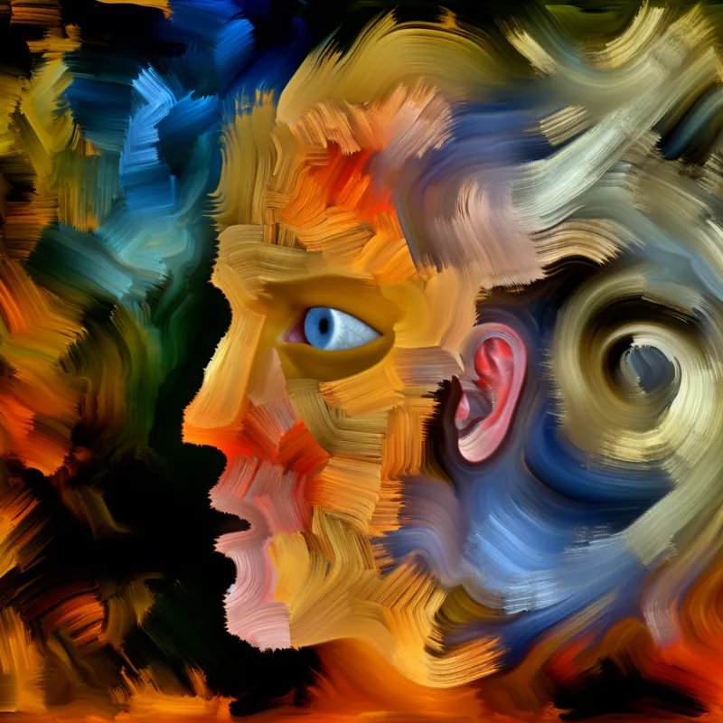 Abstract expressionistisch schilderij van een vervormd gezicht dat bekendheid en vreemdheid uitstraalt, met contrasterende warme en koele kleuren en chaotische penseelstreken