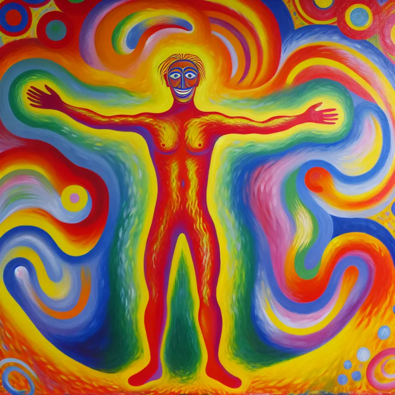 Abstract schilderij van een energieke persoon met uitgestrekte armen, omringd door levendige kleuren, symboliserend herstel en vitaliteit in de stijl van Karel Appel