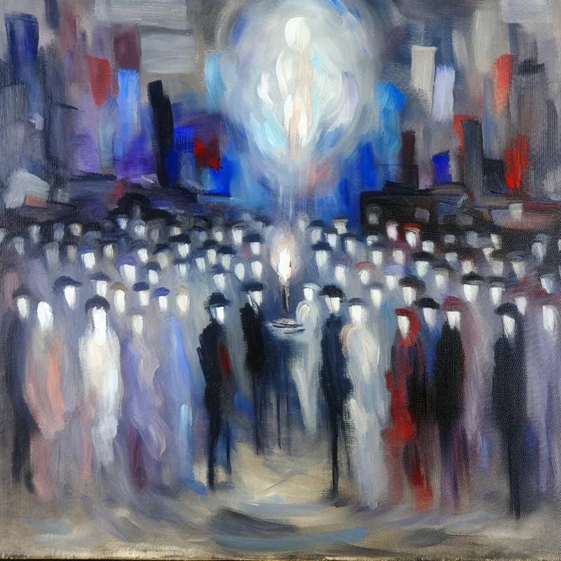 Abstract expressionistisch schilderij van een ingetogen herdenkingsceremonie met chaotische, emotionele penseelstreken en donkere kleuren, ter nagedachtenis aan slachtoffers