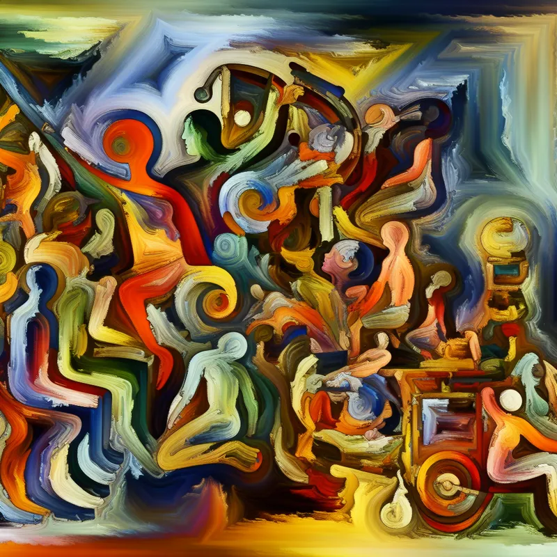 Abstracte afbeelding van een persoon die verhalen en herinneringen vasthoudt, weergegeven met kleurrijke, draaiende vormen.