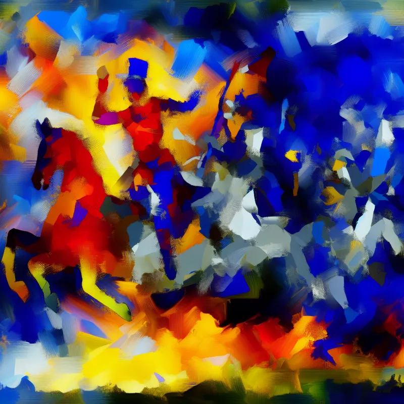 Abstract expressionistisch schilderij van een figuur die triomfantelijk oprijst uit chaotische kleuren, symboliserend herstel en veerkracht na tegenslag