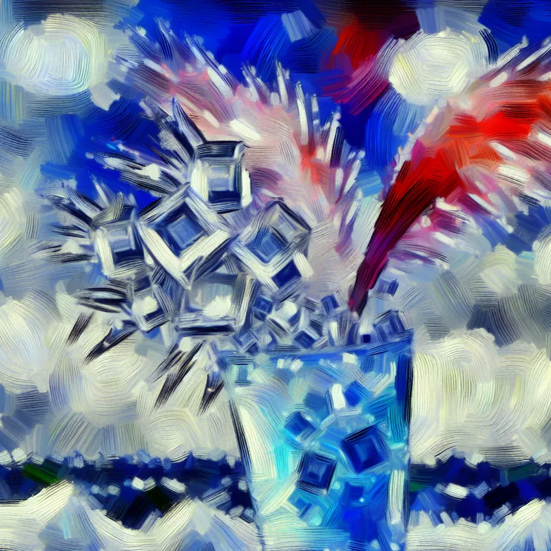 Abstract expressionistische afbeelding van ijsblokjes die in een kleurrijke bruisdrank vallen, met dynamische penseelstreken.