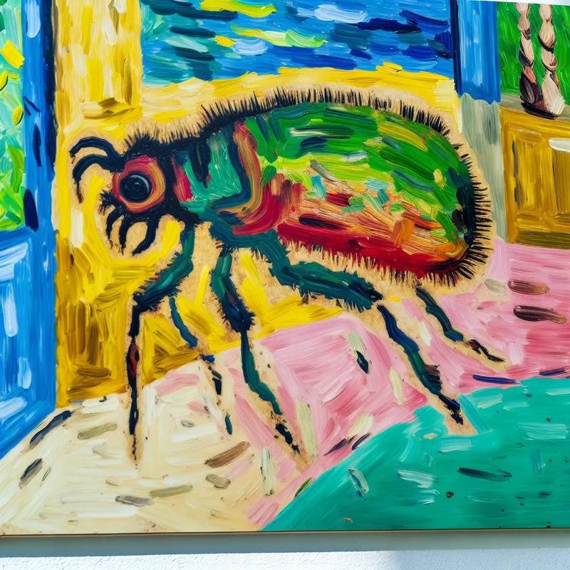 Abstracte weergave van een vergroot insect, met felle kleuren en dynamische penseelstreken.