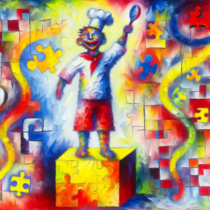 Abstracte voorstelling van een kampioen op een podium van puzzelstukjes, omringd door kleurrijke patronen en keukengerei, symboliserend talent en meesterschap in de stijl van Karel Appel