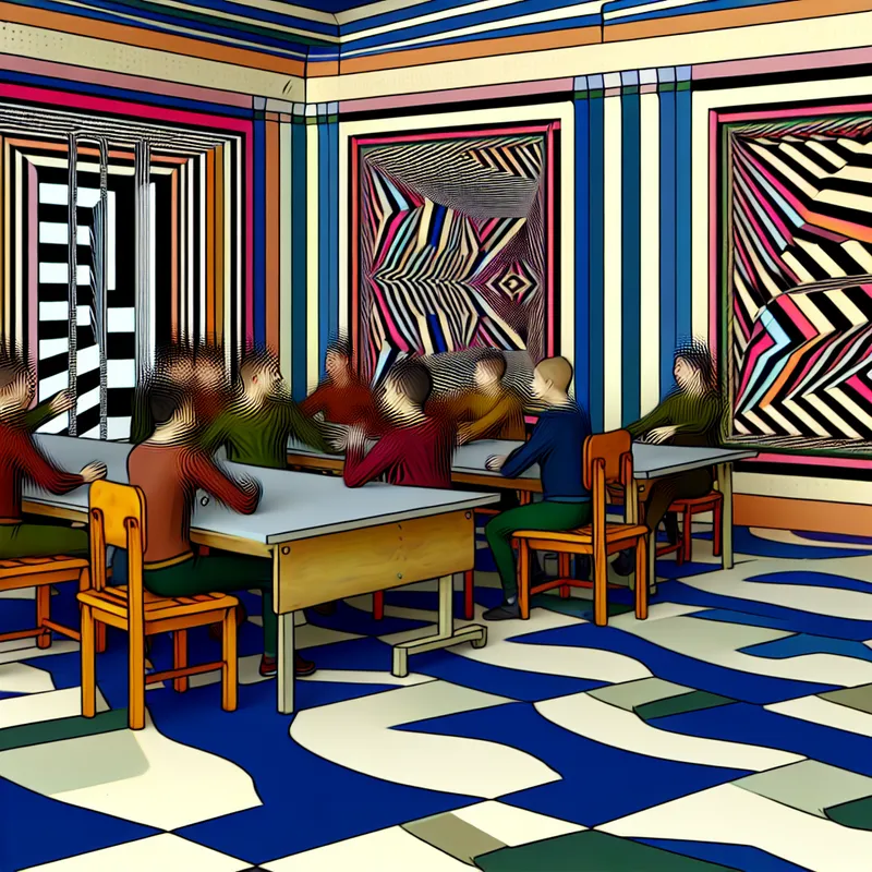 Abstracte klaslokaalsetting met deelnemers in een informele conversatie, gebruikmakend van tutoyeren, omringd door creatieve geometrische patronen.