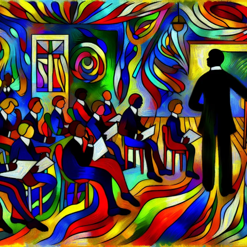 Abstracte klaslokaal scène met een leraar en leerlingen die creatief bezig zijn, symboliserend vrijheid en mogelijkheden in het onderwijs