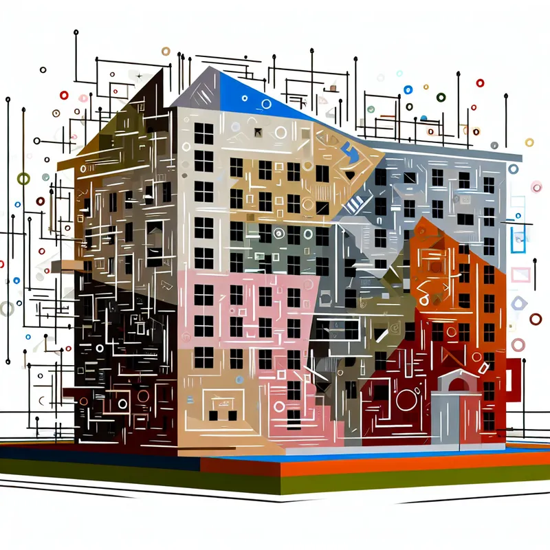 Abstracte illustratie van een kleurrijk, speels gebouw bestaande uit geometrische vormen en onderling verbonden lijnen, symboliserend complexe relaties en kennis.