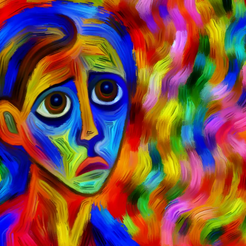 Abstract kleurrijk portret van een persoon met een droevige expressie en voelbare ogen