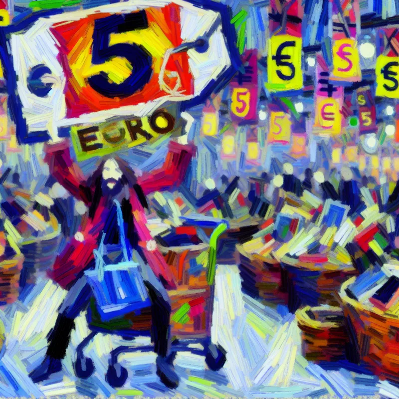 Vrolijke abstracte marktscène in stijl van Karel Appel met persoon die goedkoop boek van 5 euro vasthoudt, omringd door kleurrijke koopjes en uitverkoopborden