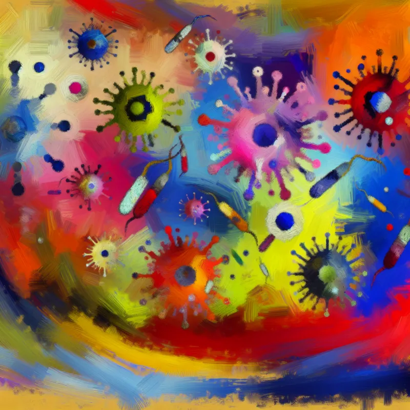 Abstracte, kleurrijke compositie van virussen en bacteriën in een microscopische wereld met levendige vormen en kleuren.