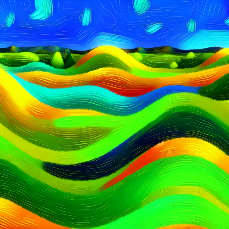 Abstract landschap met glooiende heuvels in levendige kleuren