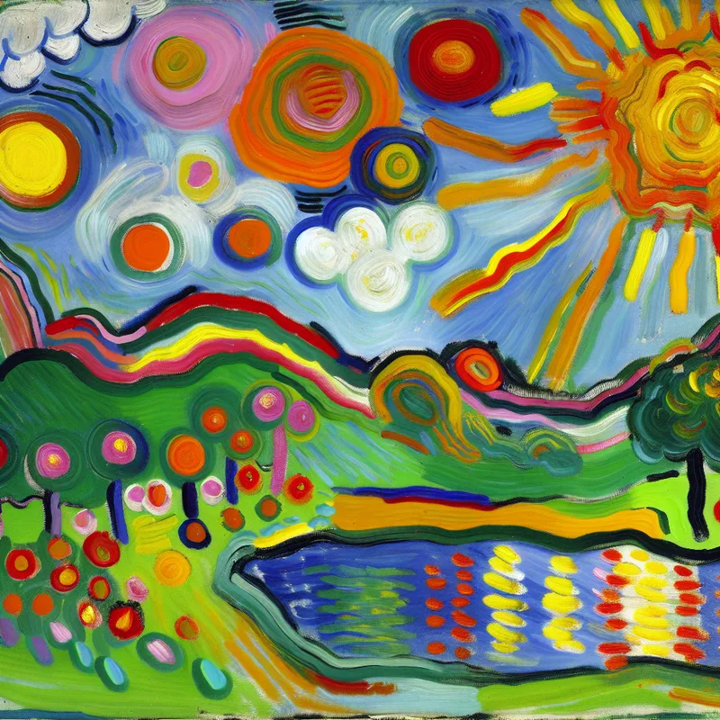 Abstract landschapsschilderij met levendige kleuren en energieke penseelstreken, geïnspireerd door Karel Appel