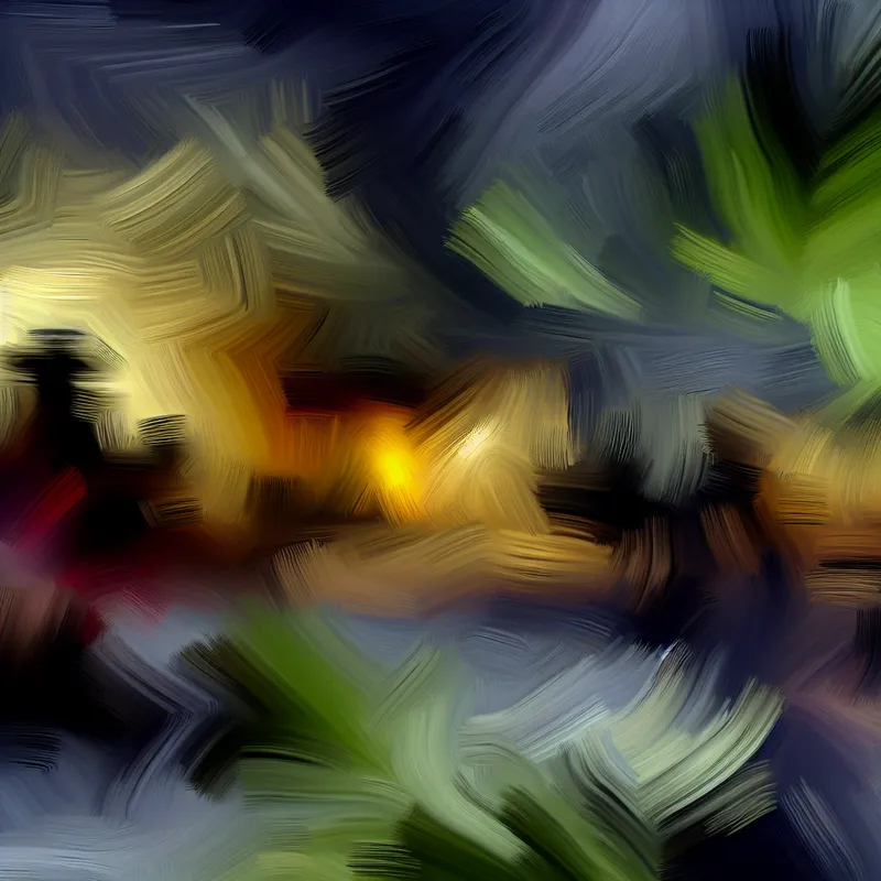 Abstract expressionistisch kunstwerk dat het concept 'later' in een verhaal uitbeeldt met dynamische penseelstreken en een overgang van vaagheid naar helderheid