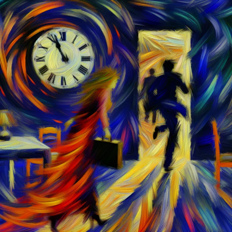 Abstract expressionistisch schilderij dat het concept 'later in de tijd' uitbeeldt met twee verbonden momenten: een persoon die een lege vergaderruimte verlaat en een man die gehaast binnenkomt, geschilderd in dynamische penseelstreken