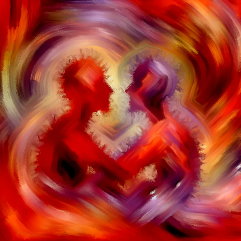 Abstract expressionistisch schilderij van twee verstrengelde figuren die een romantische relatie symboliseren, met warme kleuren en dynamische penseelstreken