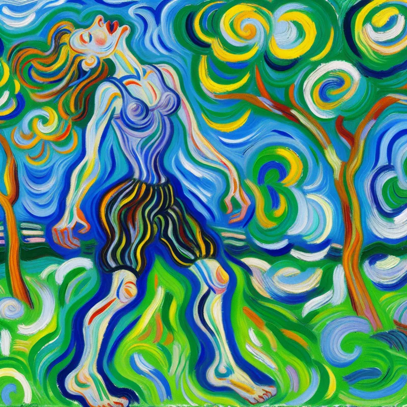 Abstracte voorstelling van iemand die ontspant en verfrissing vindt in een park, met levendige kleuren en dynamische penseelstreken in de stijl van Karel Appel