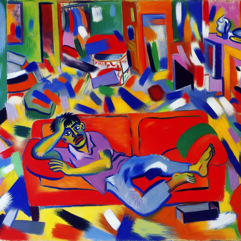 Abstracte kunst in stijl van Karel Appel met een lui persoon op een kleurrijke bank, uitdrukking van verveling en inactiviteit