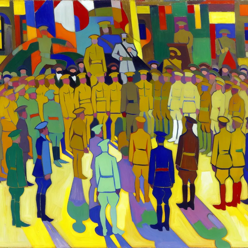 Abstracte voorstelling van een militaire appel met soldaten in felle kleuren, één ontbrekende soldaat in een expressieve stijl van Karel Appel