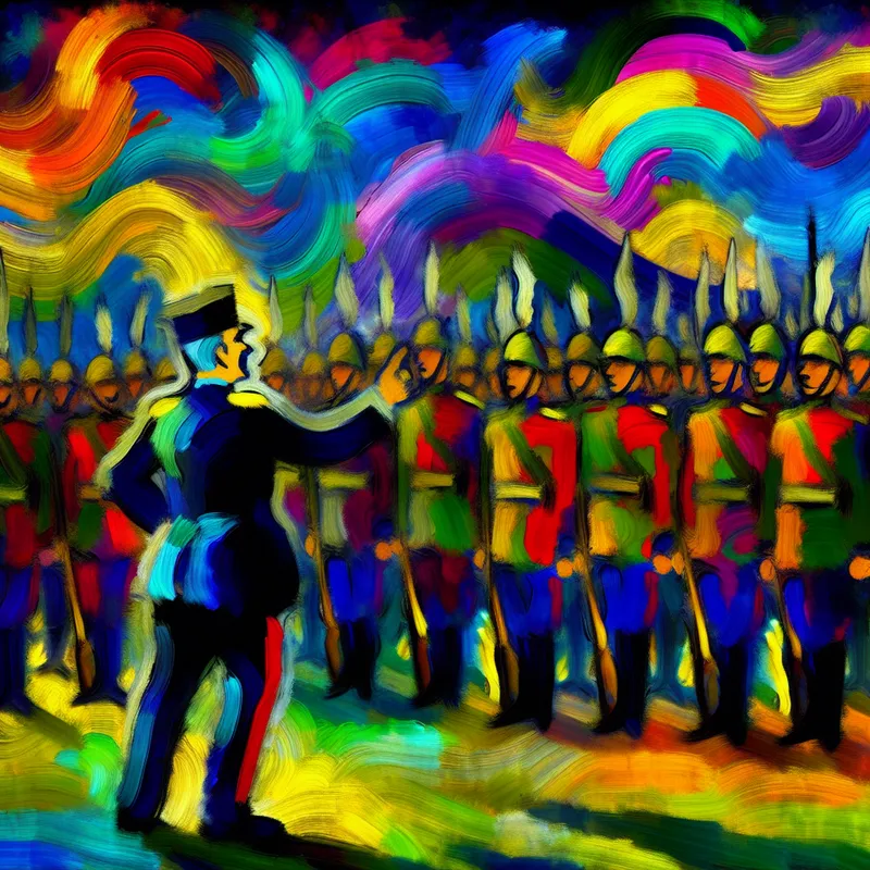 Abstracte weergave van een generaal die bevel geeft aan diverse soldaten in een dynamische militaire scène.