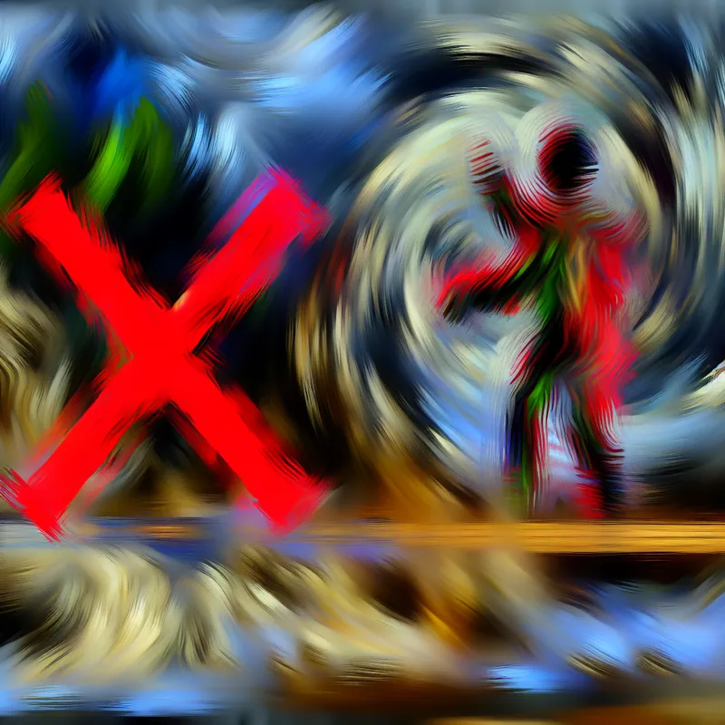 Abstract expressionistisch schilderij met dynamische figuur en rode 'X' die verbod symboliseert, gerelateerd aan mogelijkheid en toestemming in taal
